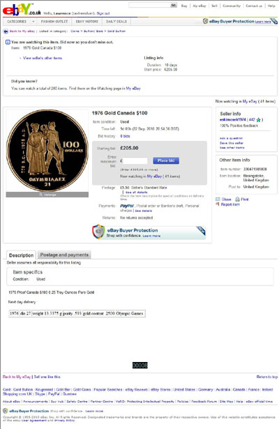 eskimosek1974 eBay Listing 330471905008 Using our 1976 Canadian Gold Proof 100 Dollar Olympics Reverse Photograph
